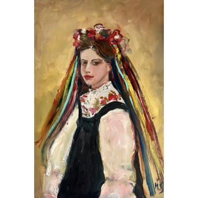 “Ukrainian Girl in a Vyshyvanka and Flower Wreath” – Original Painting by Marina Stognieva